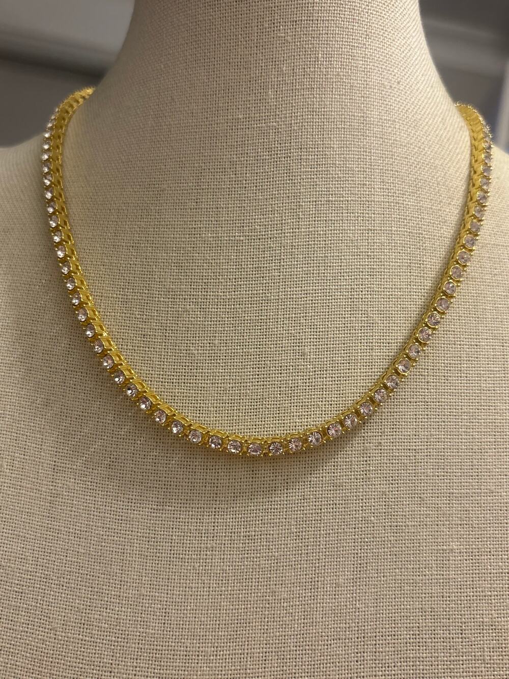 Gold Tone Rhinestone Tennis 18” Necklace Sparkle